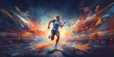 Artistic male athlete running fitness concept. Male runner abstract colorful art background. - obrazy, fototapety, plakaty