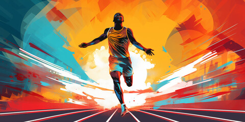Artistic male athlete running fitness concept. Male runner abstract colorful art background. - obrazy, fototapety, plakaty