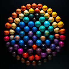 Fototapeta na wymiar Fondo con detalle y textura de multitud de esferas con diferentes colores sobre fondo negro