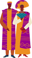 African couple in traditional clothing standing together with a confident posture. Man and woman wear colorful ethnic garments, cultural attire vector illustration.
