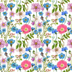 Seamless pattern with watercolor flowers. Hand-drawn illustration. - 706512834