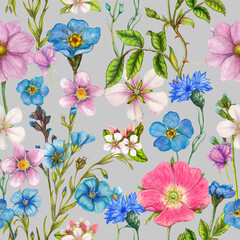 Seamless pattern with watercolor flowers. Hand-drawn illustration. - 706512886