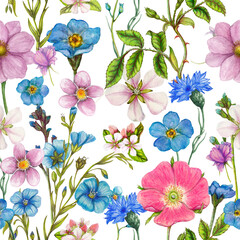 Seamless pattern with watercolor flowers. Hand-drawn illustration. - 706512892