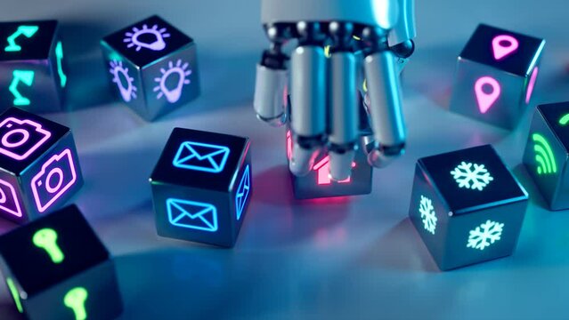 Advanced robotic arm stacking colorful cubes with smart home icons. Render CGI