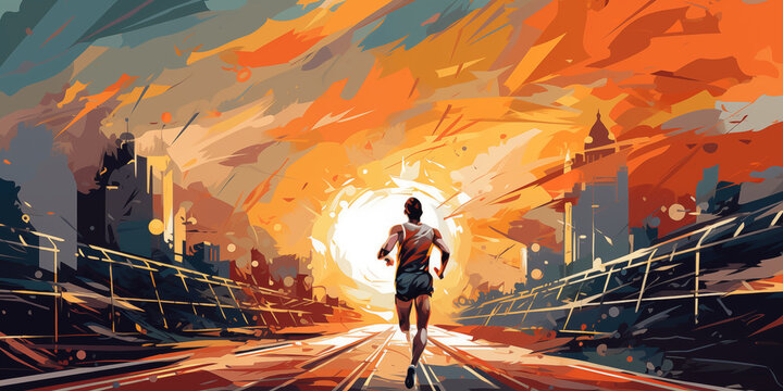 Artistic male athlete running fitness concept. Male runner abstract colorful art background.