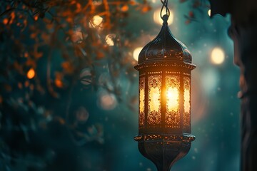 Ramadan Kareem Arabic lantern with bokeh burning candle glowing at night ai generative - obrazy, fototapety, plakaty