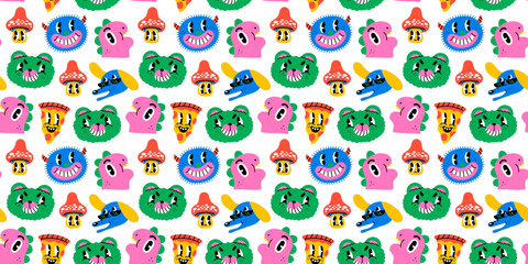 Trendy trippy retro cartoon character seamless pattern. Funny vintage comic characters background. Colorful dog, mushroom and pizza psychedelic print texture. 