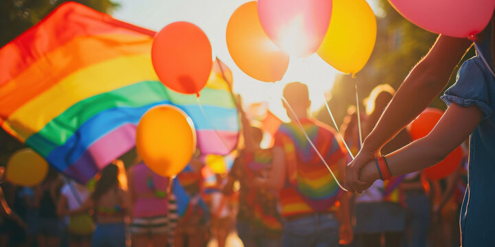happy LGBT family, people with rainbow lgbt pride parade