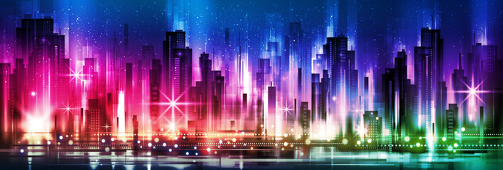 Modern night city with ilumnated buildings.  Background with architecture, skyscrapers, megapolis, buildings, downtown.