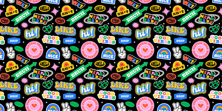 Naklejki Funny retro text quote sticker seamless pattern. Colorful vintage style typography sign background. Fun repeat texture print with slang lettering, comic word icon.