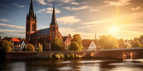 Fototapete Altes Gebäude Church in german city Dieburg at sunlight