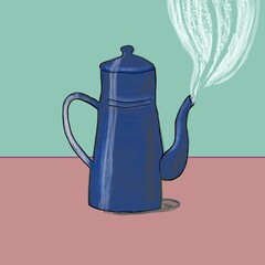 The kettle is steaming from the spout