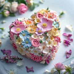 Heart-Shaped Cake Adorned With Colorful Fondant Flowers for a Celebration