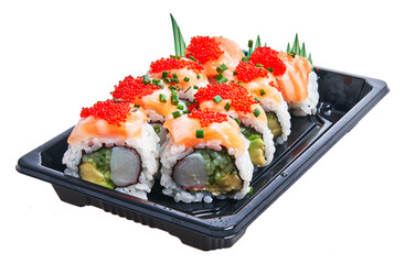  Delivery tray of delicious salmon uramaki rolls over isolated white background