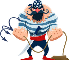 Cartoon pirate sailor character with a menacing bearded face brandishes a grappling hook, ready for adventure on the high seas. Isolated vector swashbuckling, adventurous buccaneer in vest and bandana