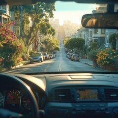 Autonomous vehicles. As seen from the back seat of an driverless car. The car's interior is state-of-the-art, highlighting the innovation of driverless technology.