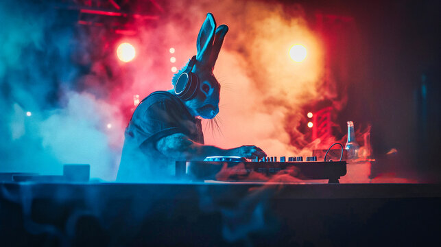 banny ears character standing and making musical mix with special equipment and working as dj in night club at party