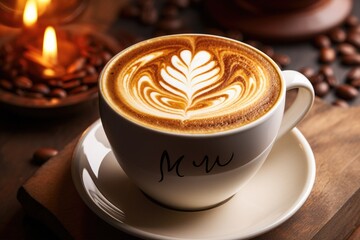 A simple cup of cappuccino sitting on a saucer with a candle flickering inside it, A steaming cup of coffee with 'Mom' written in latte art for Mothers Day, AI Generated