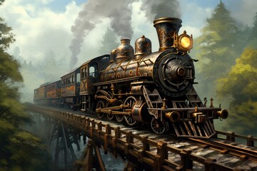 An artistic depiction of a steam train crossing a bridge, capturing the nostalgia and grandeur of an era gone by, A steampunk-inspired locomotive crossing a trestle bridge, AI Generated - obrazy, fototapety, plakaty