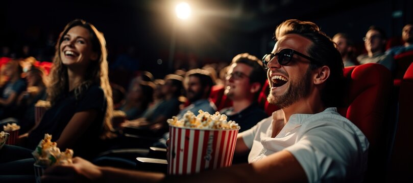 Amigos viendo pel&iacute;cula de comedia en el cine y riendo a carcajadas. P&uacute;blico en butacas de teatro con palomitas y bebidas disfrutando del tiempo de ocio.