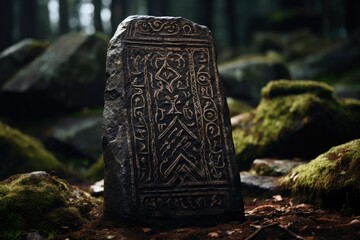 A detailed stone embellished with an intricate design rests peacefully in the heart of a vibrant forest, A stone engraving of ancient runes telling forgotten tales, AI Generated