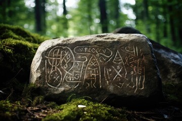 A rock with writing on it is found in a peaceful, wooded area, showcasing the harmony of nature and human presence, A stone engraving of ancient runes telling forgotten tales, AI Generated
