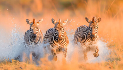 Fototapeta na wymiar Group of Zebras (Equus quagga) running in the savannah, World Wildlife Day celebration, March, concept Animals, generative ai
