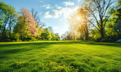 Vibrant spring nature backdrop with a pristine, neatly trimmed lawn and lush trees under a clear...
