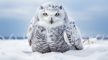 Snowy owl, Bubo scandiacus, isolated sitting on the snow