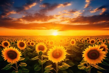 A stunning scene of a sunflower field illuminated by the setting sun, A sunflower field stretching into the horizon, AI Generated