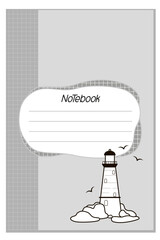 Stylish cover with a lighthouse and seagulls for notebooks, notepads, planners, brochures, school notebooks, diaries. Black and white