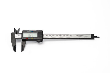 Electronic caliper for measuring on white background.