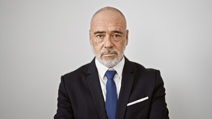 Portrait of a confident mature businessman with grey hair and beard against a white background.