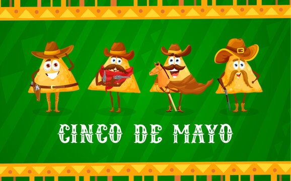 Mexican cinco de mayo banner with nachos chip cowboy characters. Vector festive background with funny traditional snack of Mexico wear wild west western cowpuncher hat and boots, armed with guns