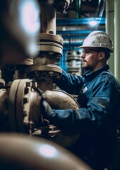 Industrial Valve Inspection by Technician.
Technician in hard hat inspecting control valves.