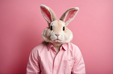 Man dressed as Easter bunny and pink clothing isolated on pink background, festive template,  copy space text