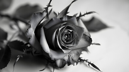 Design layouts can feature an enigmatic black rose with thorns on a white background,