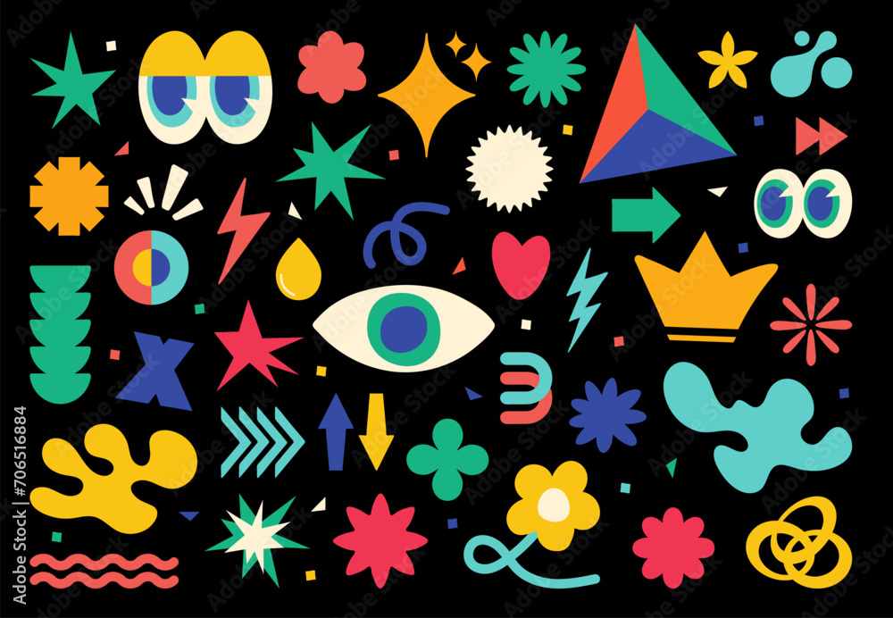 Poster groovy shapes and retro geometric abstract cartoon icons of 90s art, vector vintage background. tren