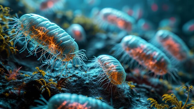 A microscopic image showing a group of transparent microorganisms, possibly bacteria or ciliates, with flagella, floating in an aquatic environment.