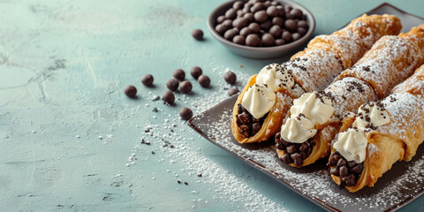 Cannoli with sprinkles, a traditional Sicilian dessert on the light table. Crispy waffle tube filled with cheese, soaked in syrup, liqueur wine or rosewater. - obrazy, fototapety, plakaty