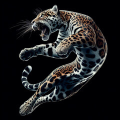 jaguar in a jump, Macro, close-up, hyper detailed, trending on artstation, sharp focus, studio photo, intricate details, highly detailed, realistic digital art