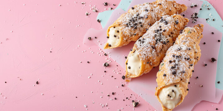 Top view Cannoli, a traditional Sicilian dessert on the light background with copy space. Crispy waffle tube filled with cheese, soaked in syrup, liqueur wine or rosewater.