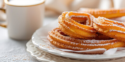 Churros in a plate, sweet fried choux pastry made from choux pastry on a minimal table background. A Spanish breakfast dessert. Street food, sweet pastries. - obrazy, fototapety, plakaty