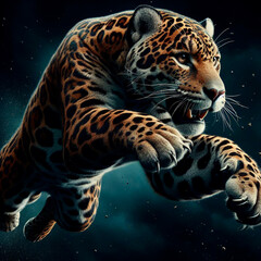 Obraz premium jaguar in a jump, Macro, close-up, hyper detailed, trending on artstation, sharp focus, studio photo, intricate details, highly detailed, realistic digital art