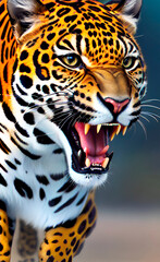 jaguar in a jump, Macro, close-up, hyper detailed, trending on artstation, sharp focus, studio photo, intricate details, highly detailed, realistic digital art