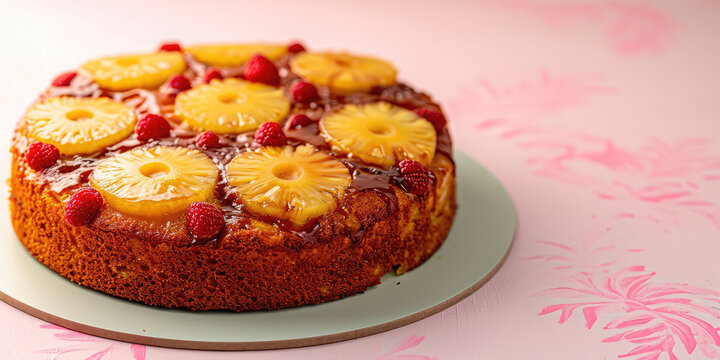 Classic retro pineapple upside down cake, soft, buttery with a caramelized brown sugar pineapple and berry topping on pink table background. Dessert from childhood.