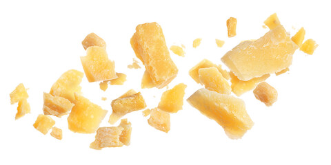 Tasty parmesan cheese falling on white background