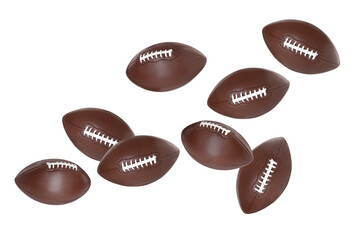 Many American football balls flying on white background