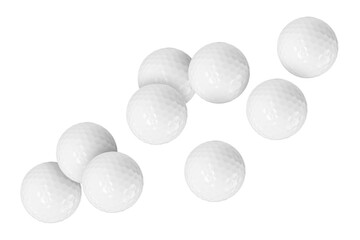Many golf balls flying on white background