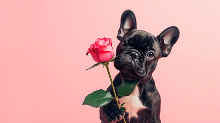 A cute puppy holds a red rose in his paws on a light pink background. Congratulations on...